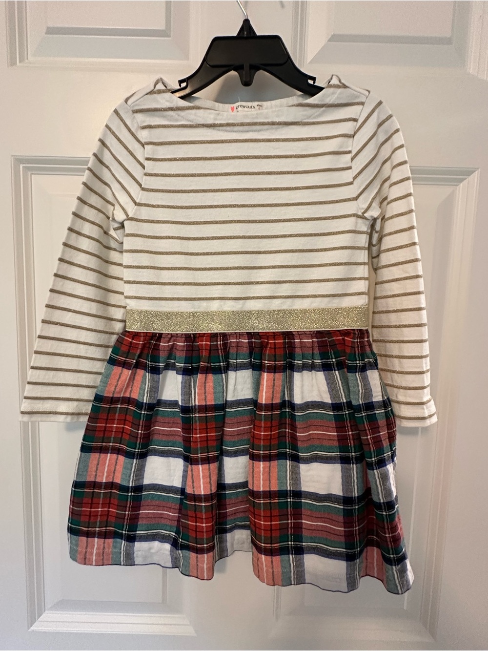 Crewcuts White & Gold Striped Top with Red & Green Plaid Skirt Dress